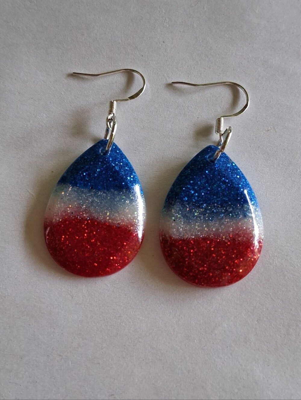 Hand Crafted Red White Blue Glitter Teardrop Earrings